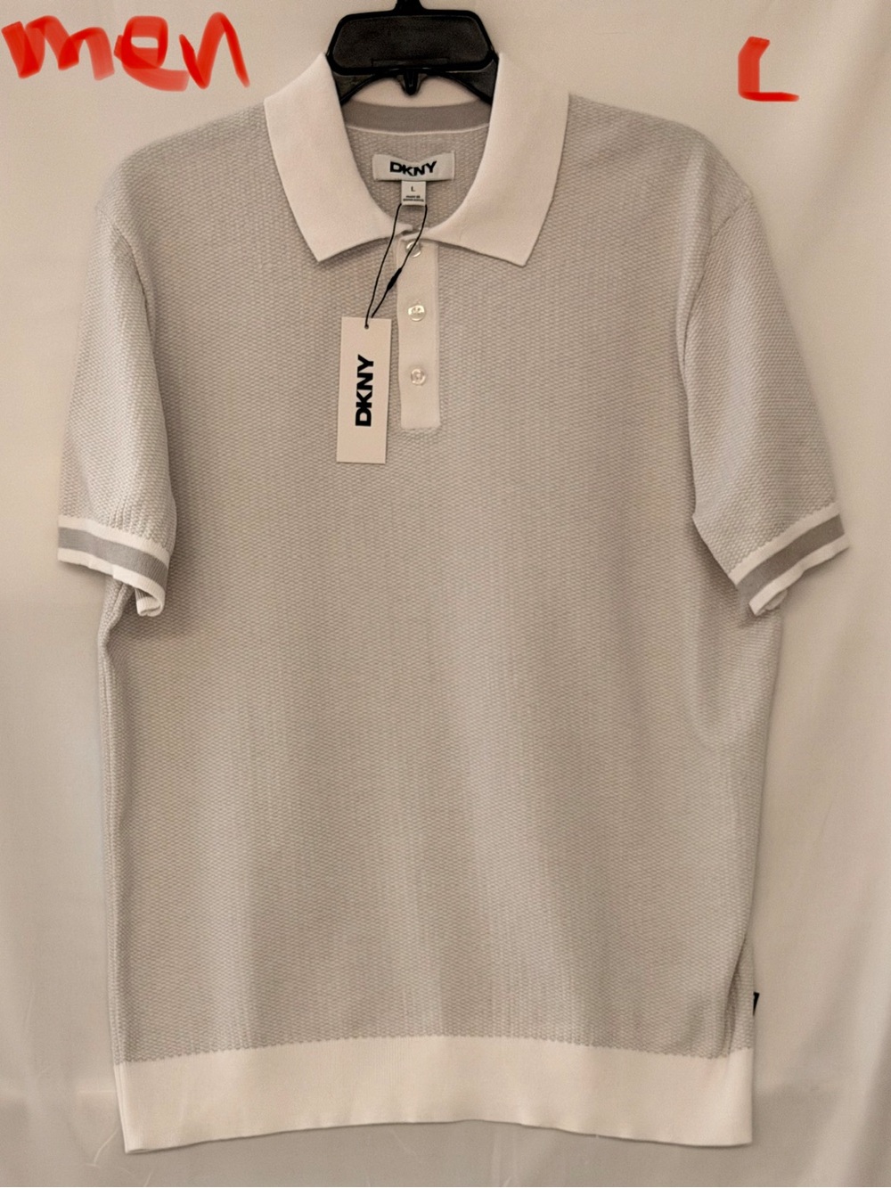 DKNY Light Gray and White Knit Polo Shirt